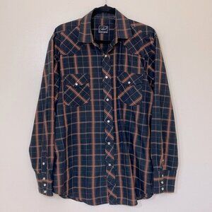 Vintage Black & Orange Plaid Western Pearl Snap L